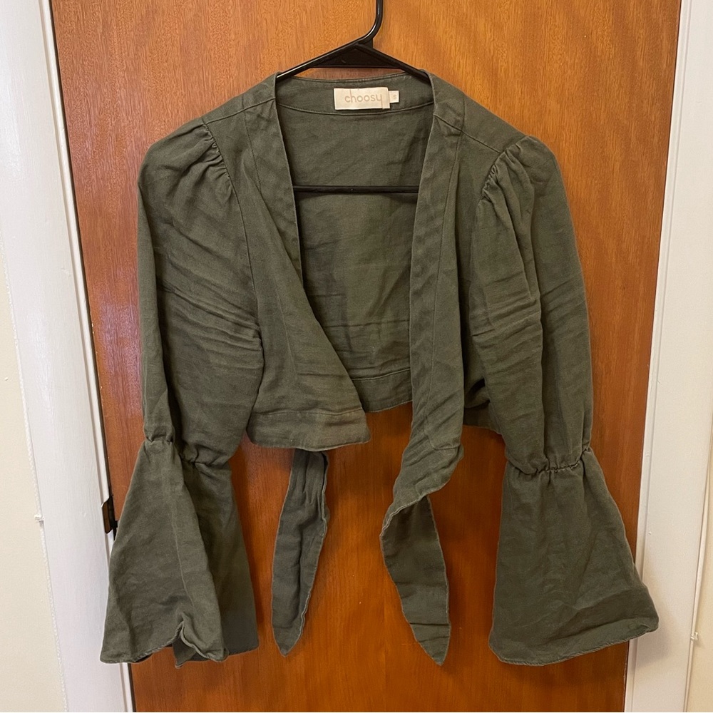 Choosy green tie crop top blouse with bell sleeves